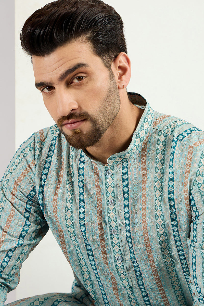 Men Teal Viscose Rayon Geometric Embroidered Chikankari Straight Kurta MKU1118