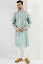 Men Teal Viscose Rayon Geometric Embroidered Chikankari Straight Kurta MKU1118