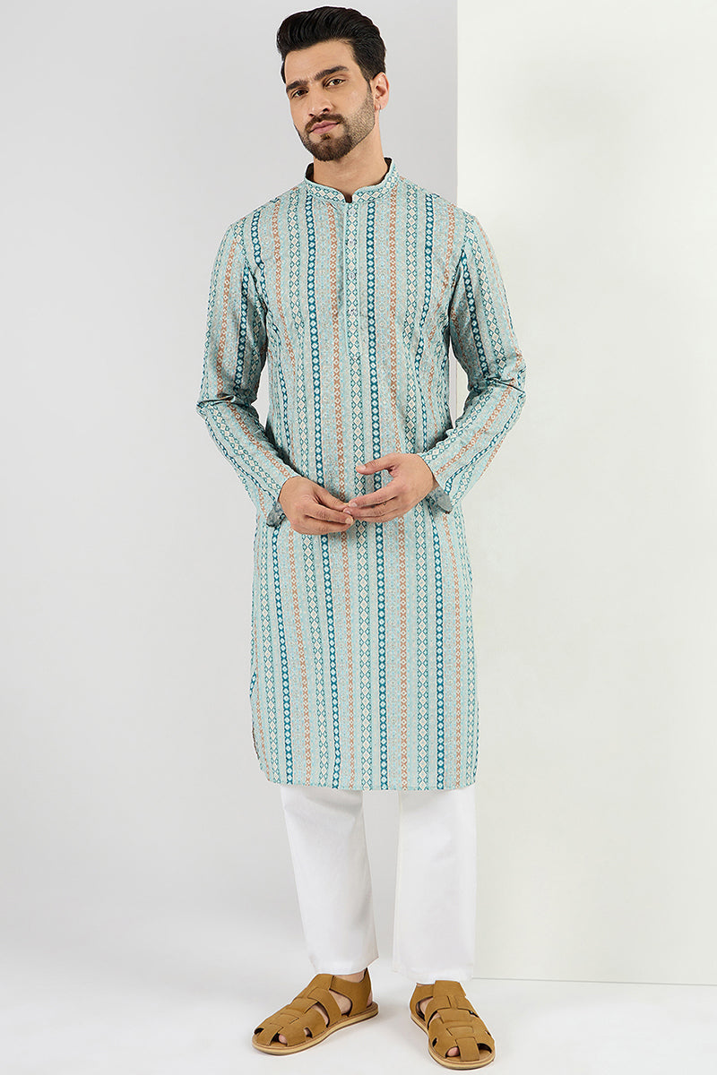 Men Teal Viscose Rayon Geometric Embroidered Chikankari Straight Kurta MKU1118