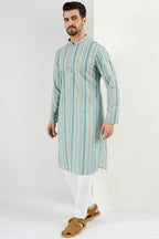 Men Teal Viscose Rayon Geometric Embroidered Chikankari Straight Kurta MKU1118
