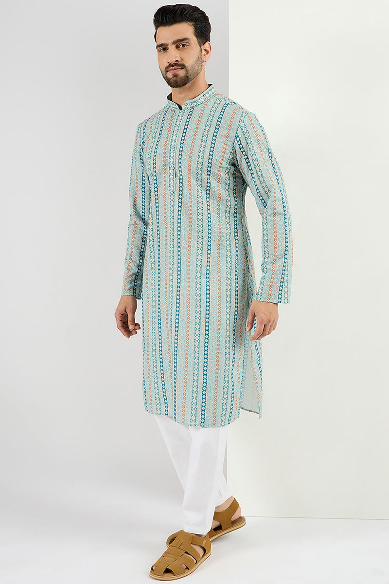 Men Teal Viscose Rayon Geometric Embroidered Chikankari Straight Kurta MKU1118
