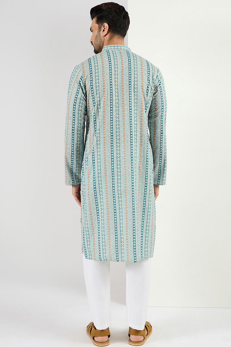 Men Teal Viscose Rayon Geometric Embroidered Chikankari Straight Kurta MKU1118