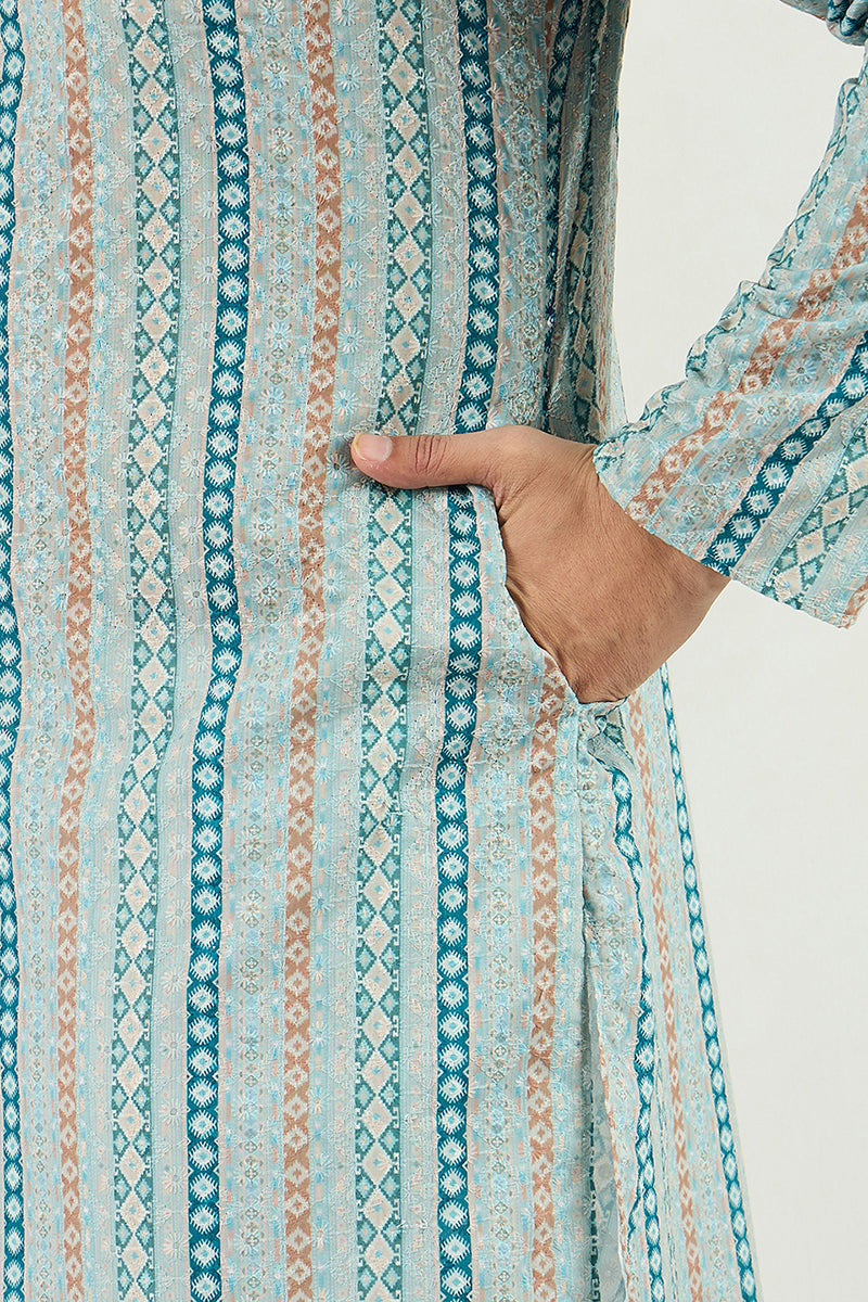 Men Teal Viscose Rayon Geometric Embroidered Chikankari Straight Kurta MKU1118