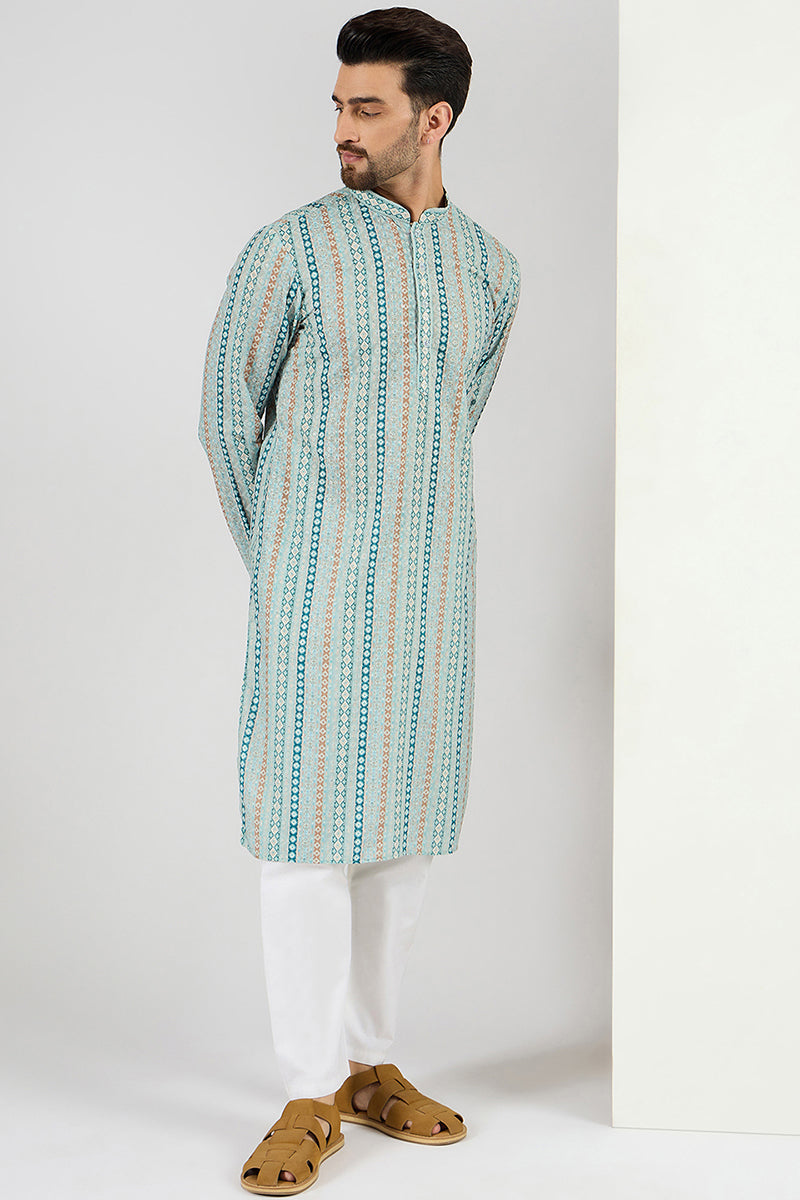 Men Teal Viscose Rayon Geometric Embroidered Chikankari Straight Kurta MKU1118