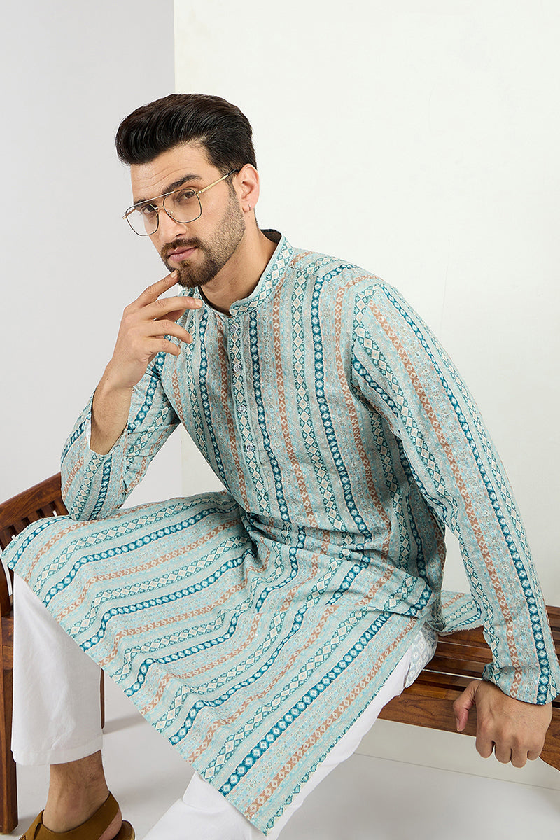 Men Teal Viscose Rayon Geometric Embroidered Chikankari Straight Kurta MKU1118