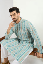 Men Teal Viscose Rayon Geometric Embroidered Chikankari Straight Kurta MKU1118