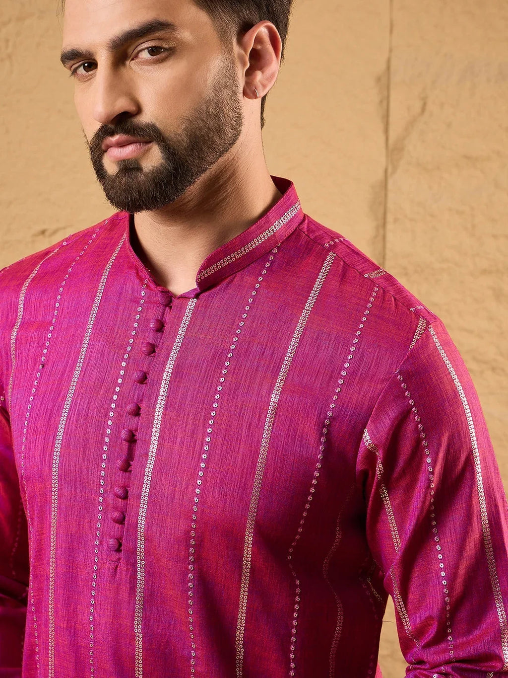 Men Pink Cotton Solid Embroidered Straight Kurta-MKU1120