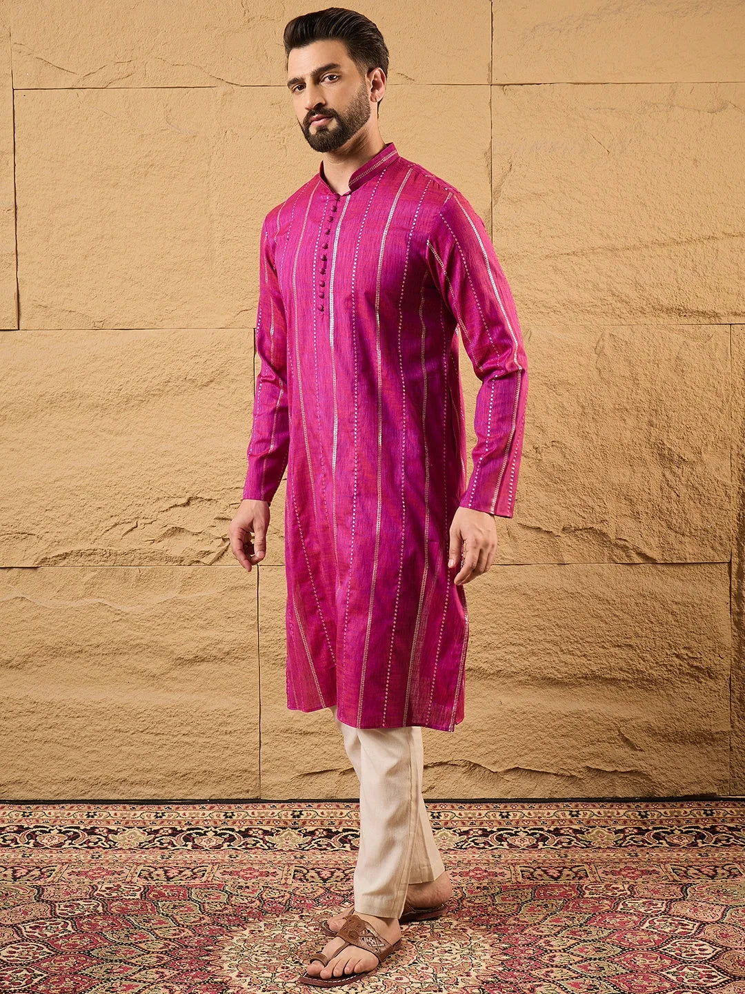 Men Pink Cotton Solid Embroidered Straight Kurta-MKU1120
