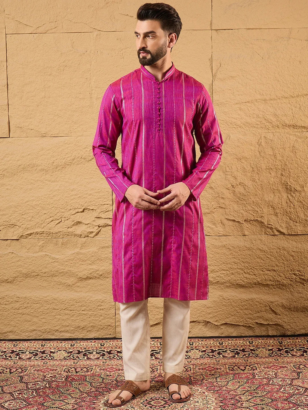 Men Pink Cotton Solid Embroidered Straight Kurta-MKU1120