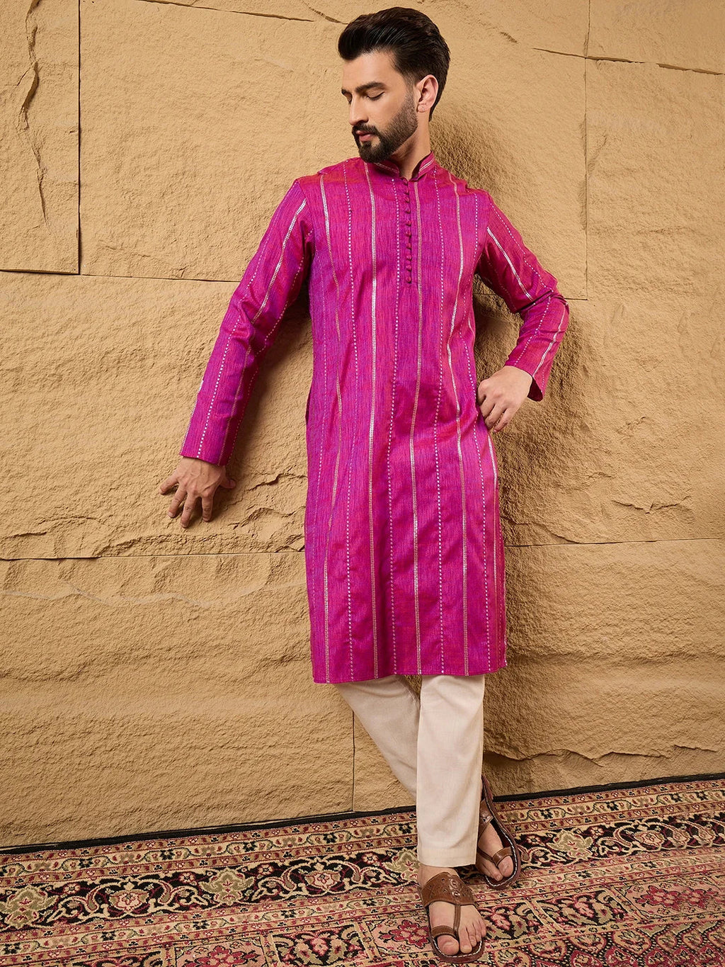 Men Pink Cotton Solid Embroidered Straight Kurta-MKU1120