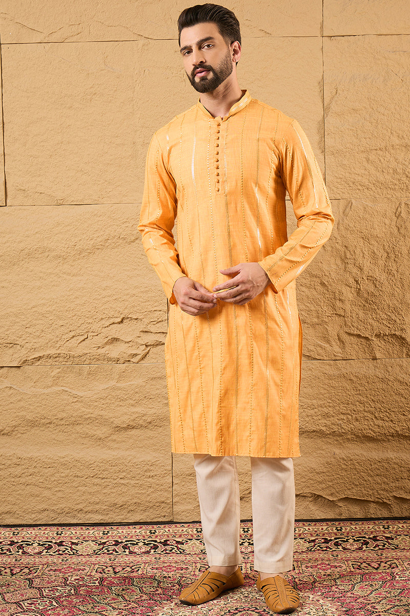Yellow Cotton Embroidered Straight Kurta HOPMKU1122