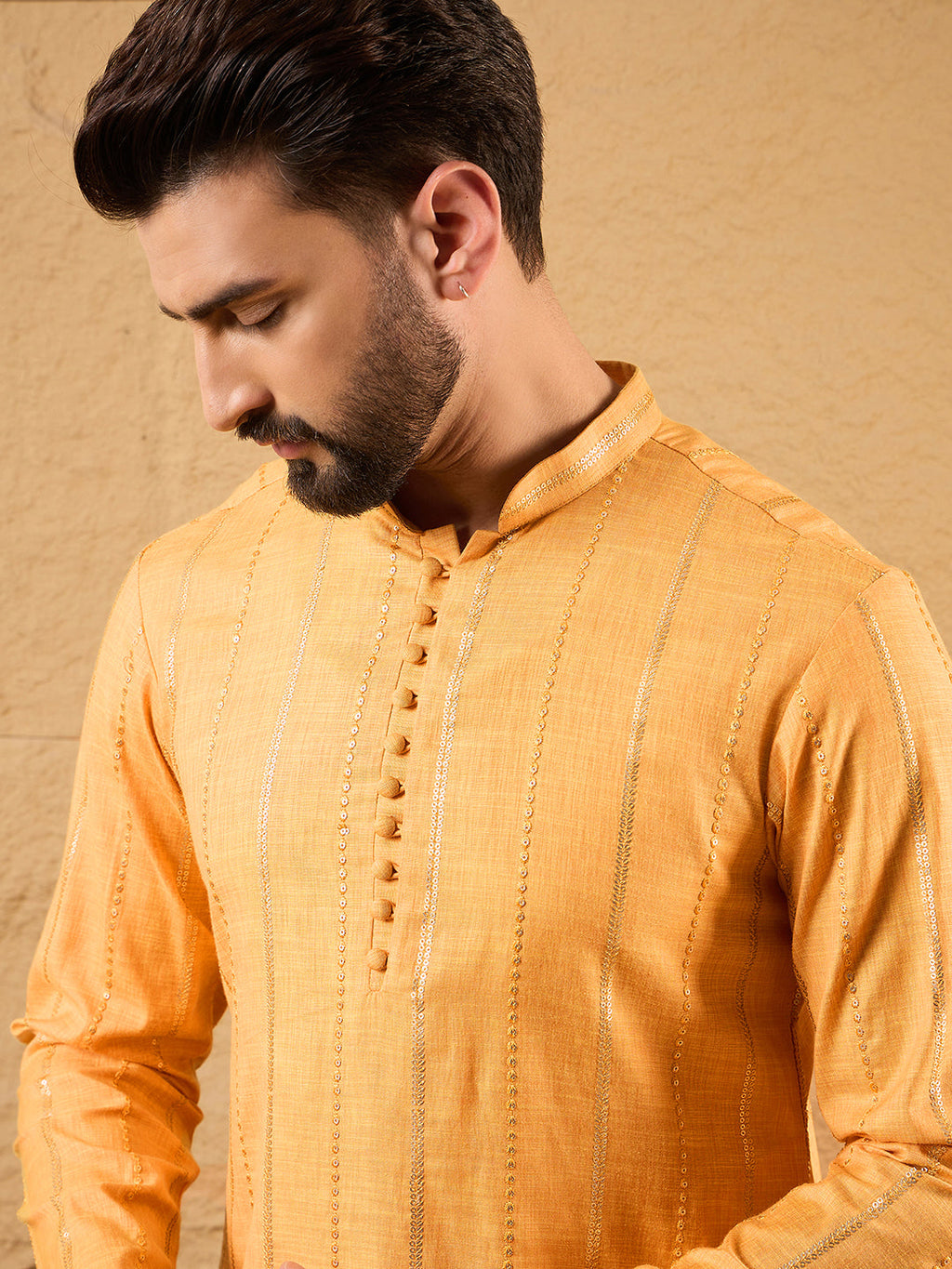 Men Yellow Cotton Solid Embroidered Straight Kurta-MKU1122