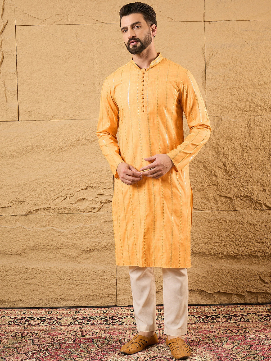 Men Yellow Cotton Solid Embroidered Straight Kurta-MKU1122