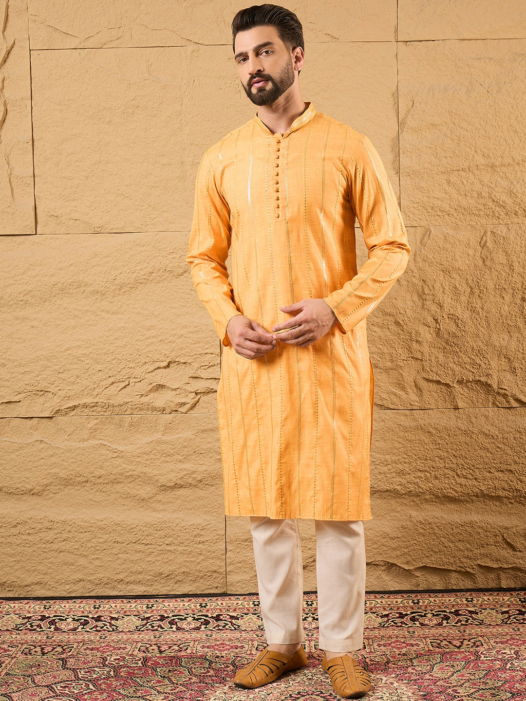 Men Yellow Cotton Solid Embroidered Straight Kurta-MKU1122