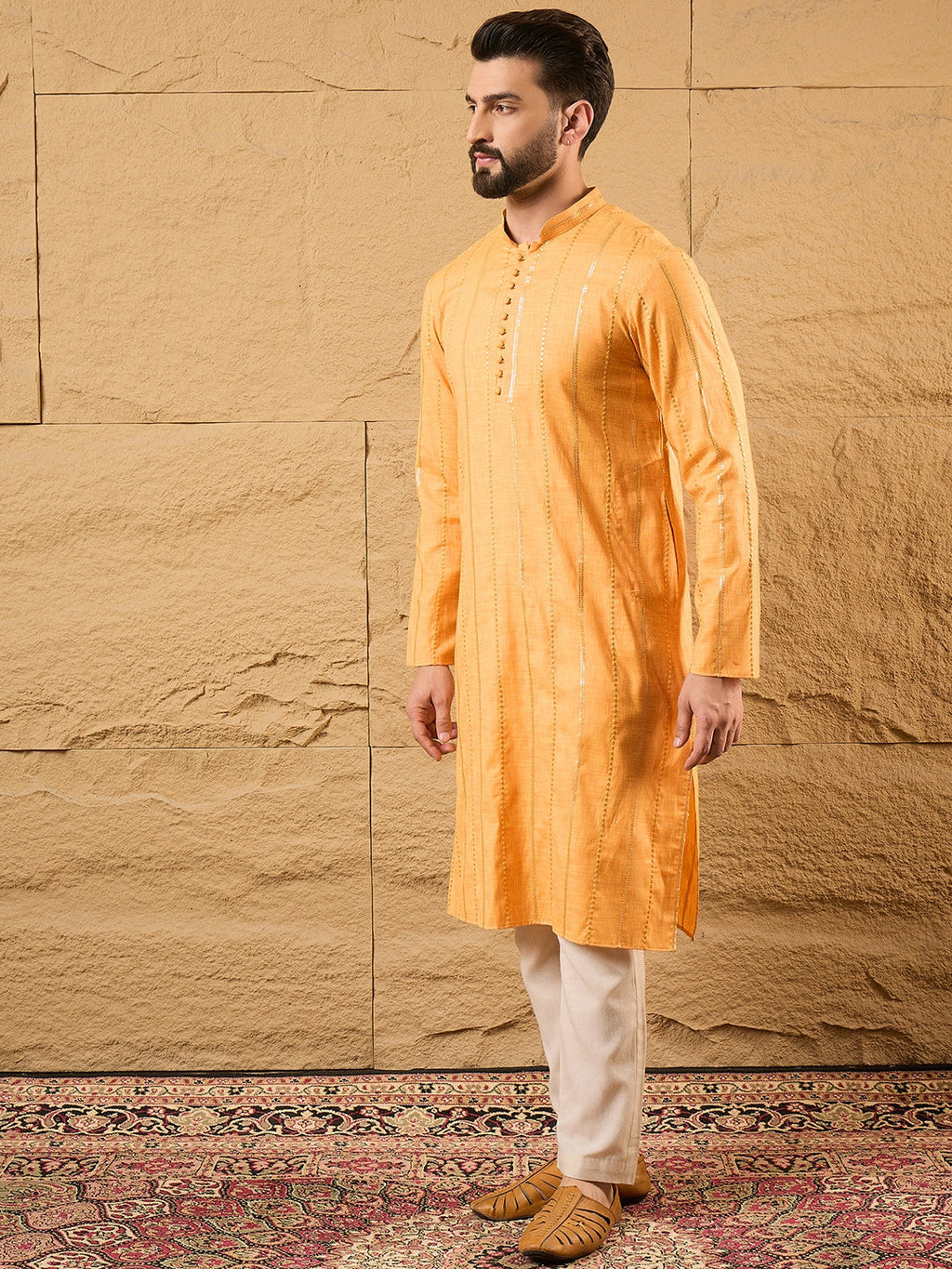 Men Yellow Cotton Solid Embroidered Straight Kurta-MKU1122