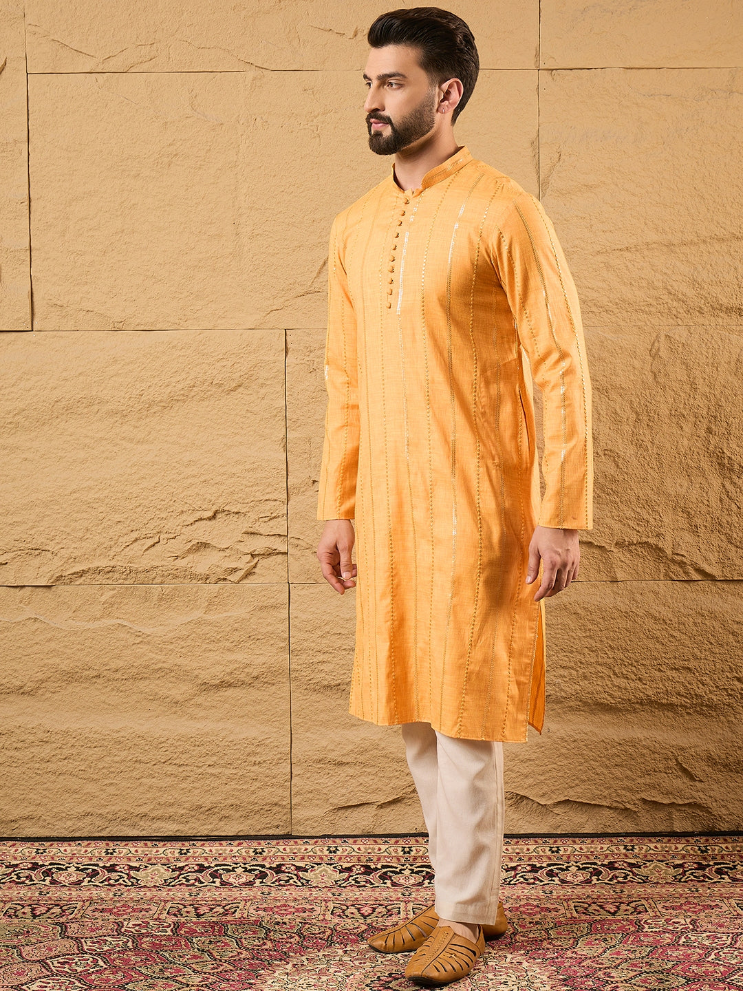 Men Yellow Cotton Solid Embroidered Straight Kurta-MKU1122