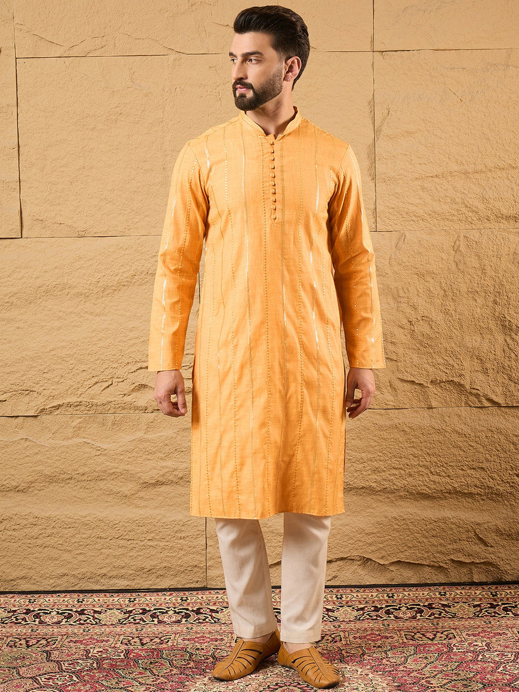 Men Yellow Cotton Solid Embroidered Straight Kurta-MKU1122