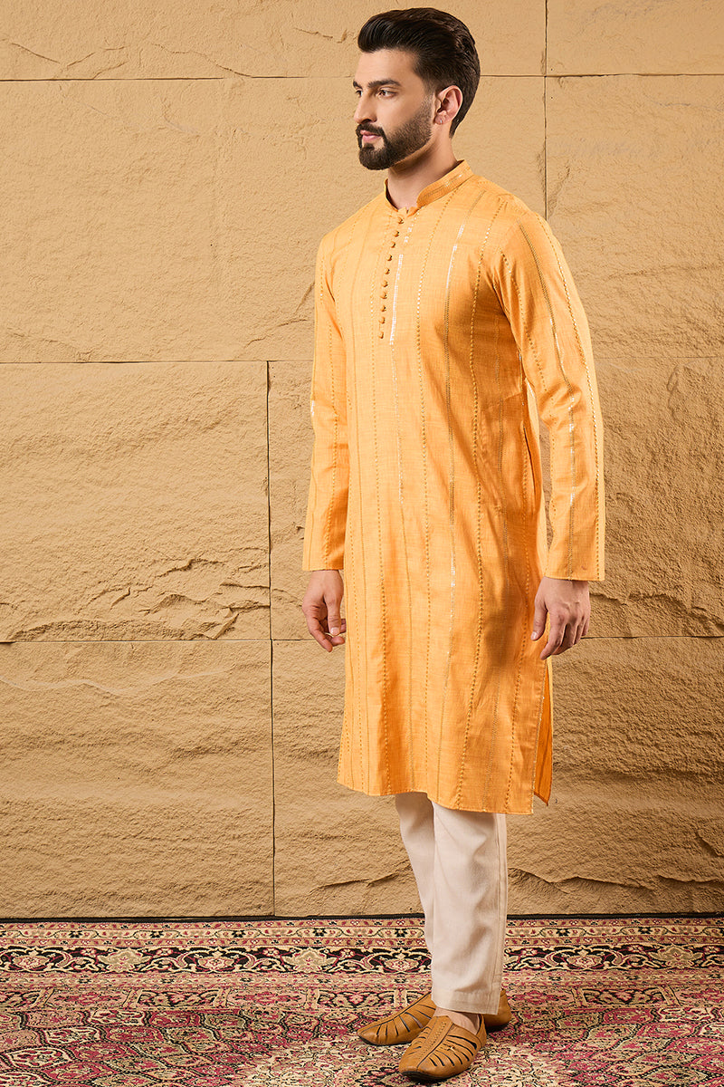 Yellow Cotton Embroidered Straight Kurta HOPMKU1122