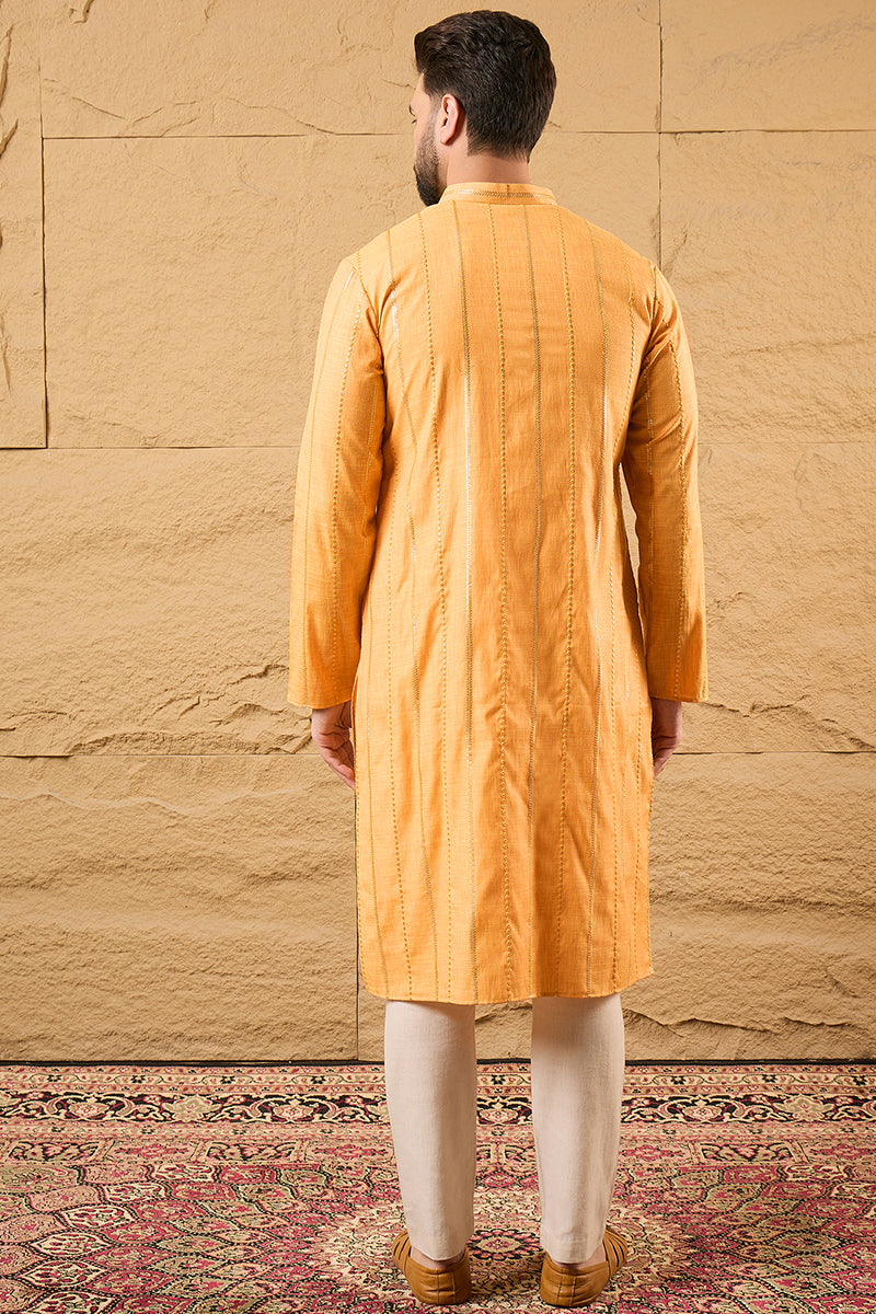 Yellow Cotton Embroidered Straight Kurta HOPMKU1122