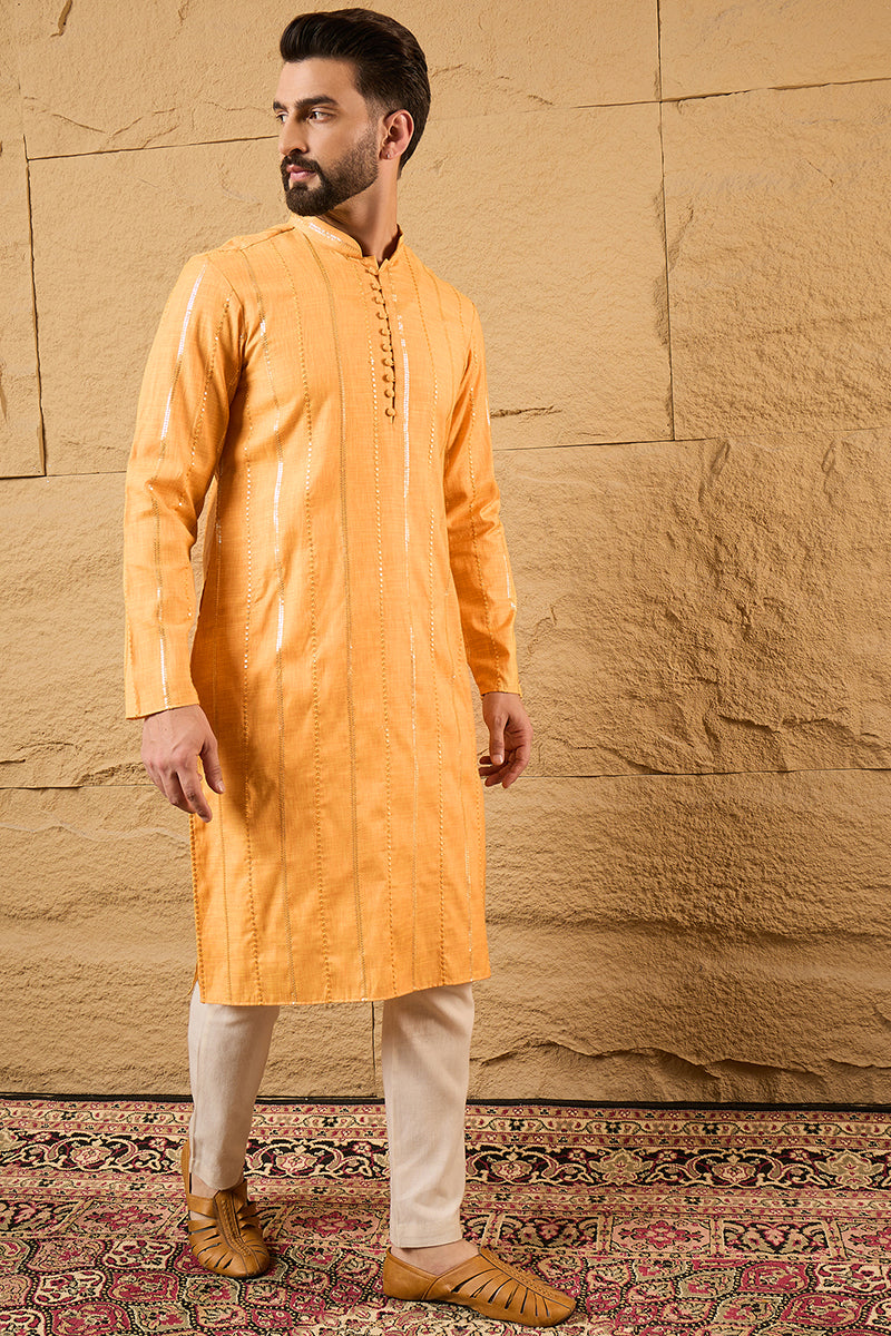 Yellow Cotton Embroidered Straight Kurta HOPMKU1122