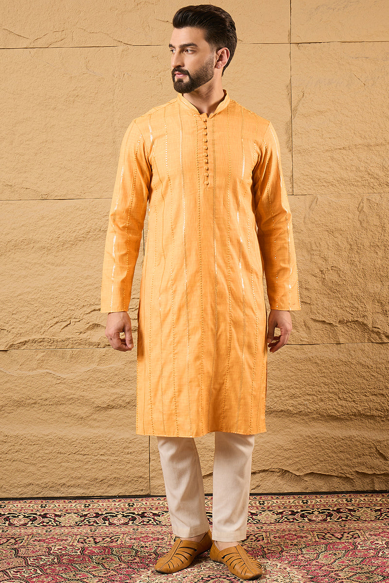 Yellow Cotton Embroidered Straight Kurta HOPMKU1122