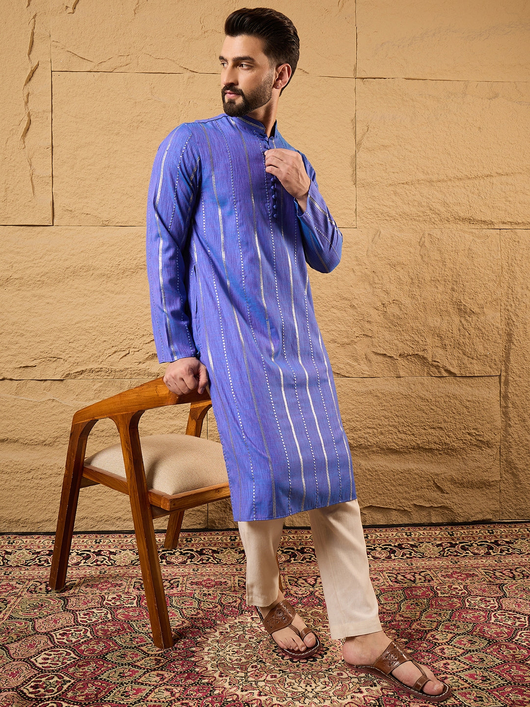 Men Blue Cotton Solid Embroidered Straight Kurta-MKU1123