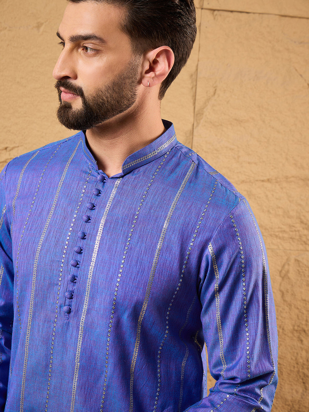 Men Blue Cotton Solid Embroidered Straight Kurta-MKU1123