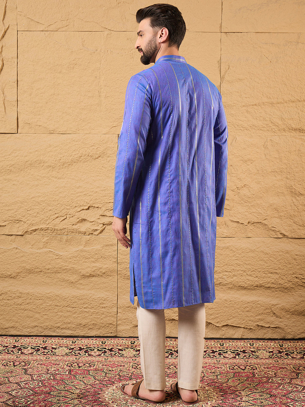 Men Blue Cotton Solid Embroidered Straight Kurta-MKU1123