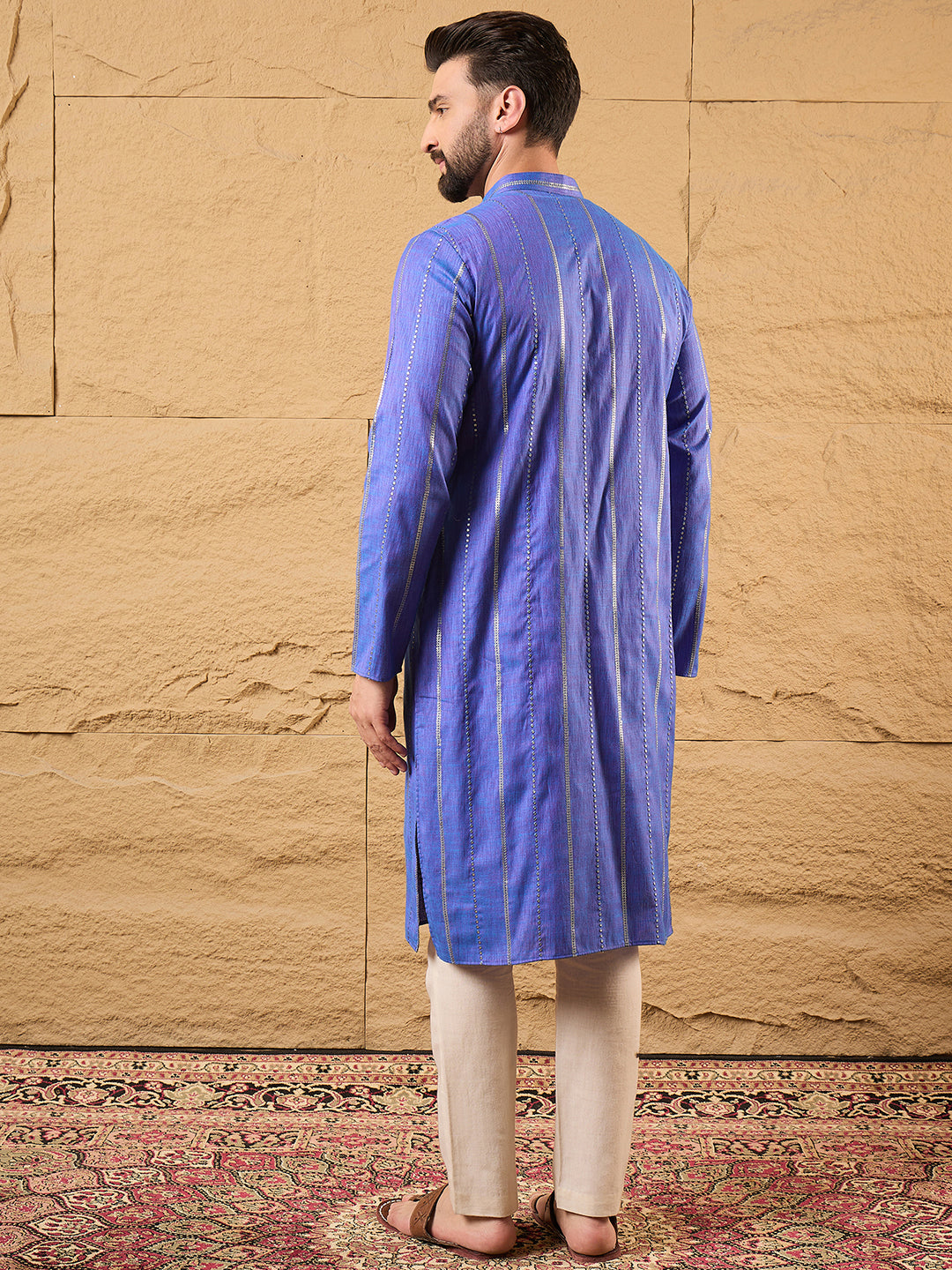 Men Blue Cotton Solid Embroidered Straight Kurta-MKU1123