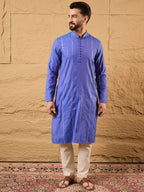 Men Blue Cotton Solid Embroidered Straight Kurta-MKU1123