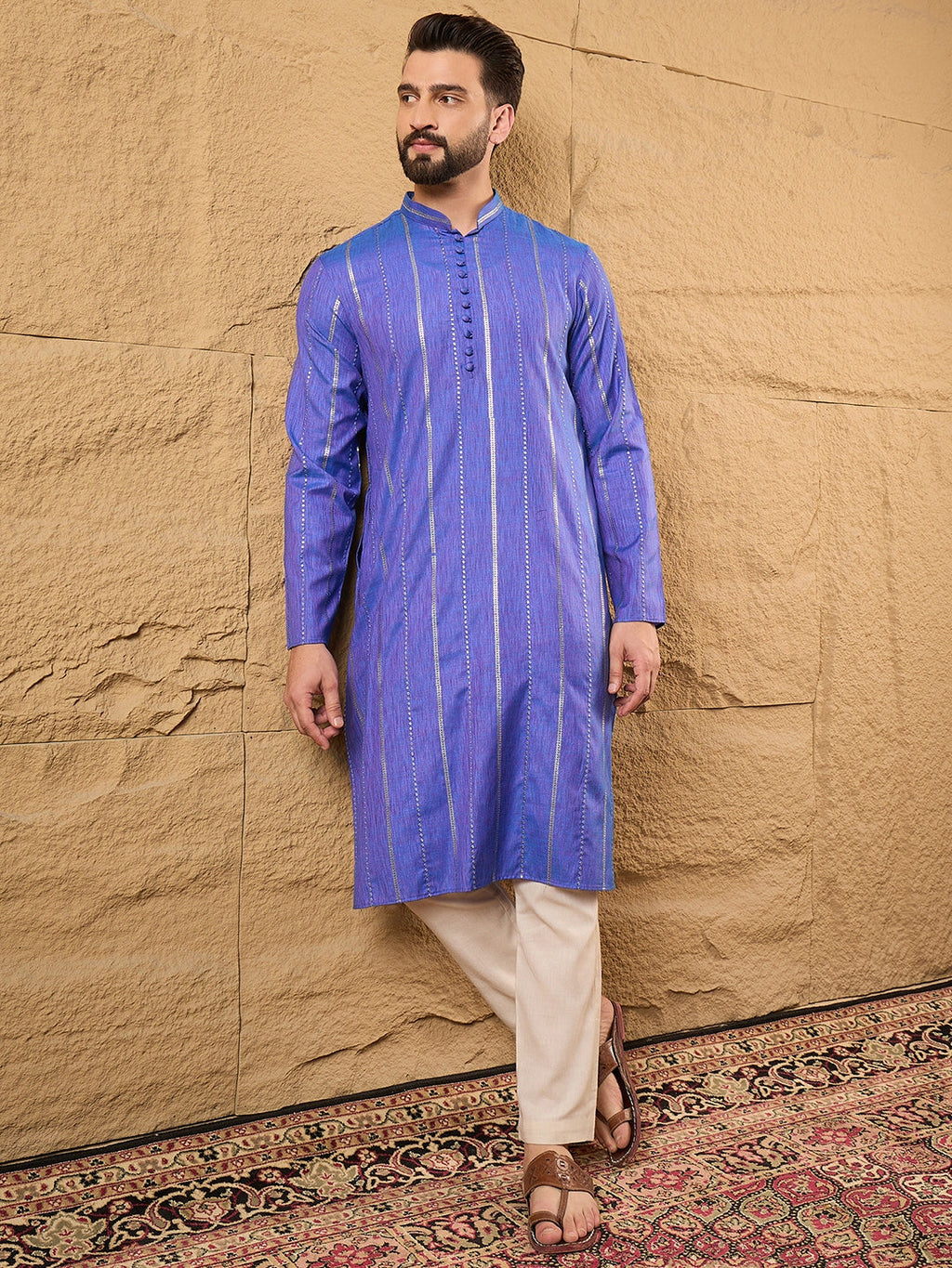 Men Blue Cotton Solid Embroidered Straight Kurta-MKU1123