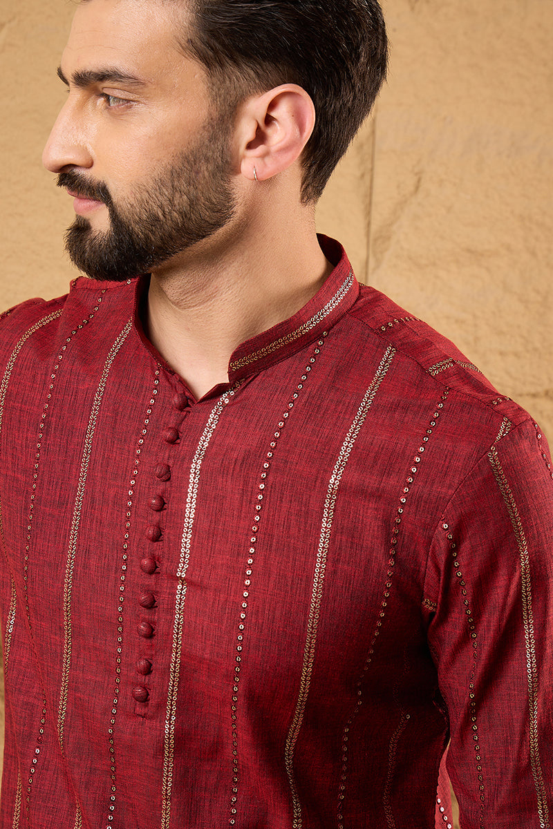 Maroon Cotton Solid Embroidered Sequins Straight Kurta HOPMKU1124