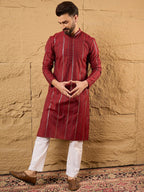 Men Maroon Cotton Solid Embroidered Straight Kurta-MKU1124