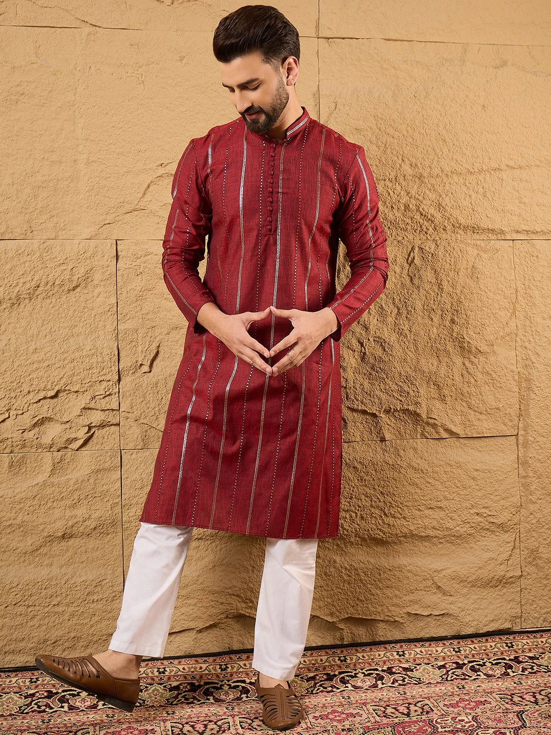 Men Maroon Cotton Solid Embroidered Straight Kurta-MKU1124