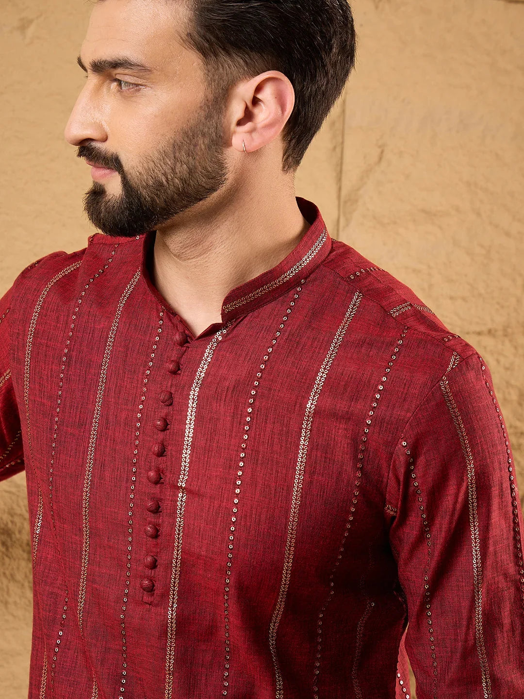Men Maroon Cotton Solid Embroidered Straight Kurta-MKU1124