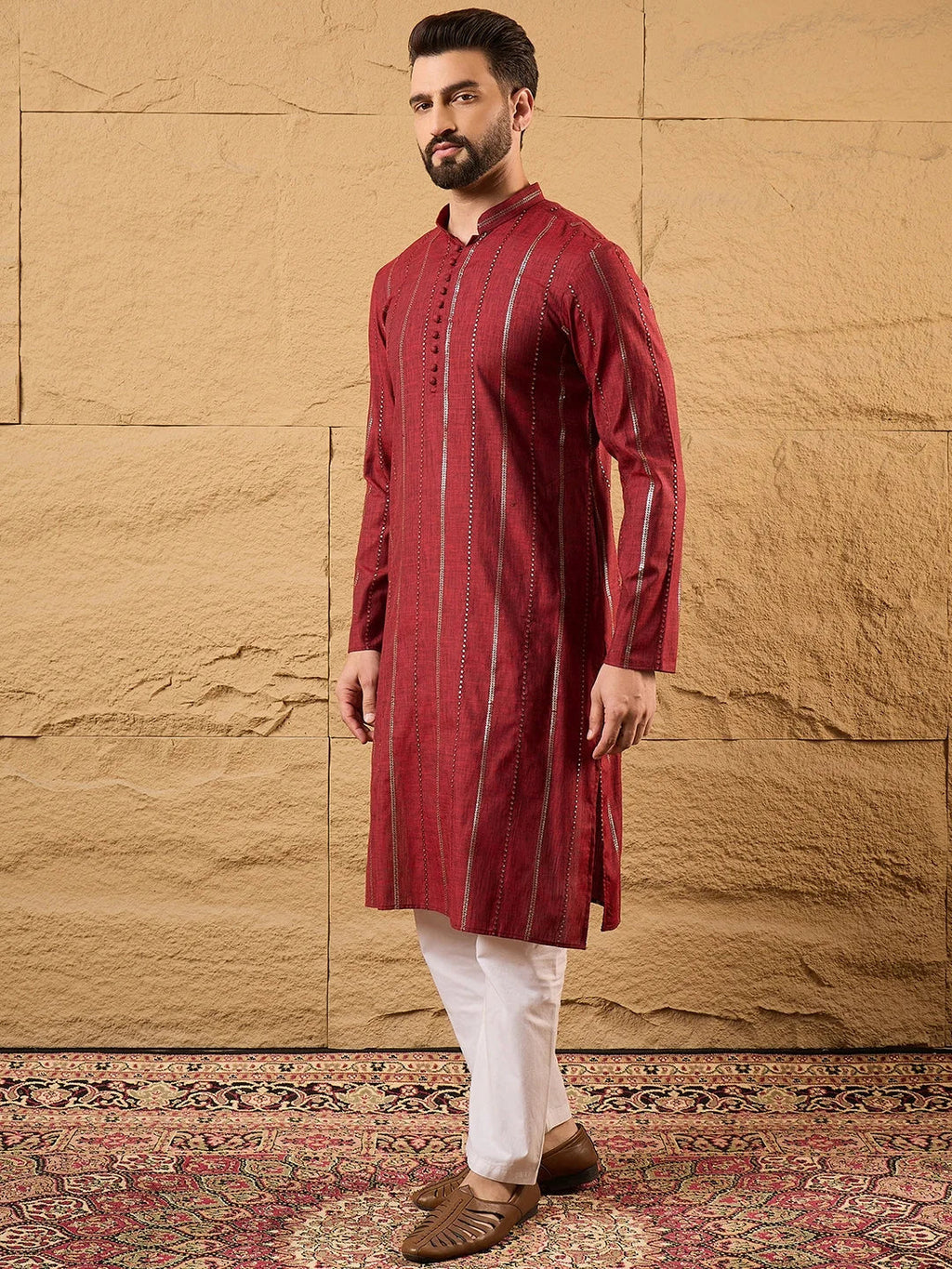 Men Maroon Cotton Solid Embroidered Straight Kurta-MKU1124