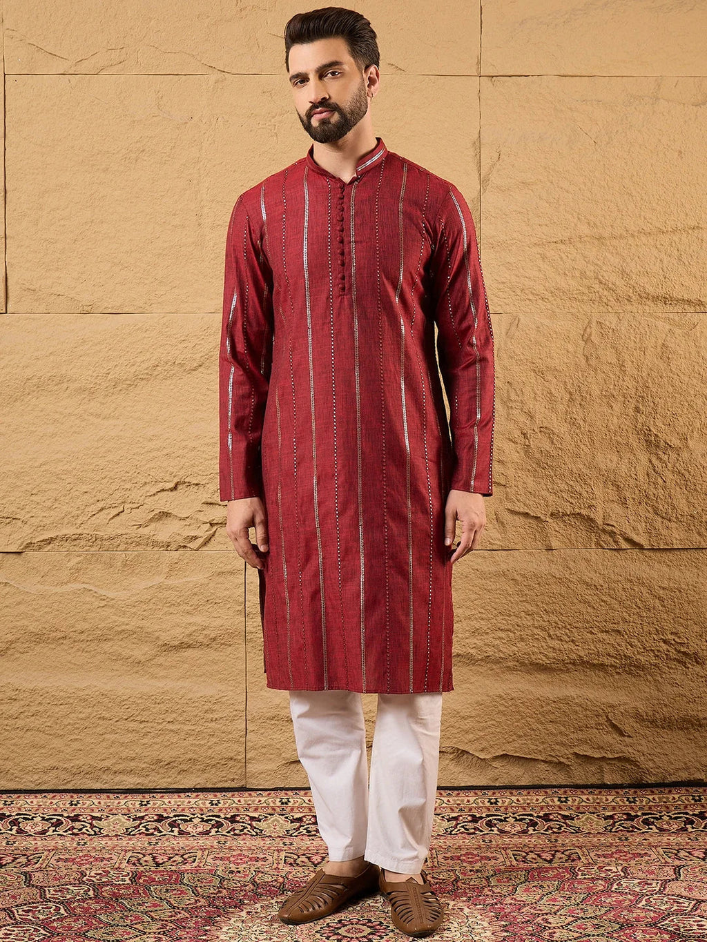 Men Maroon Cotton Solid Embroidered Straight Kurta-MKU1124
