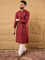 Men Maroon Cotton Solid Embroidered Straight Kurta-MKU1124