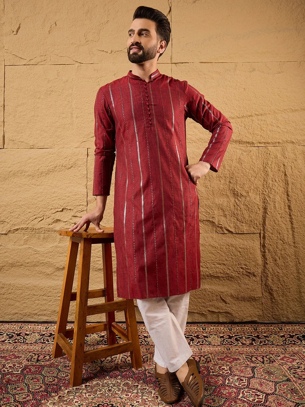 Men Maroon Cotton Solid Embroidered Straight Kurta-MKU1124