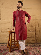 Men Maroon Cotton Solid Embroidered Straight Kurta-MKU1124