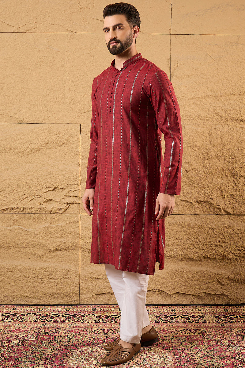 Maroon Cotton Solid Embroidered Sequins Straight Kurta HOPMKU1124