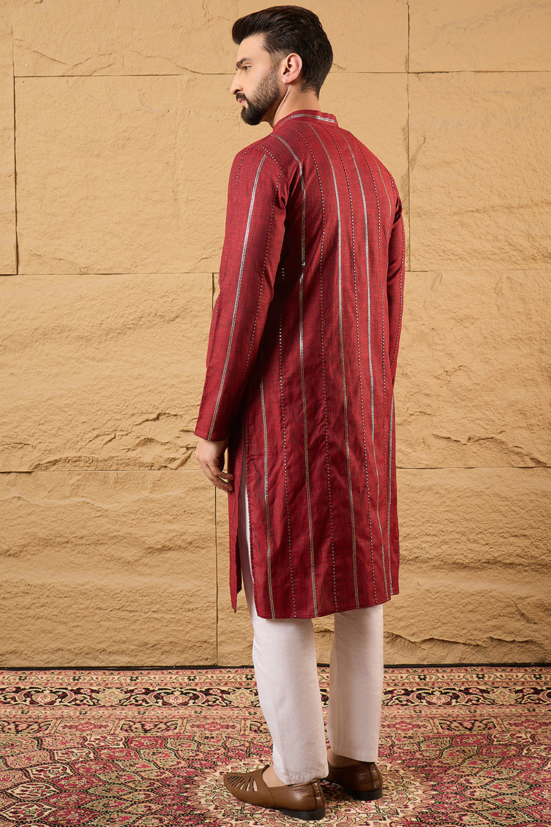 Maroon Cotton Solid Embroidered Sequins Straight Kurta HOPMKU1124