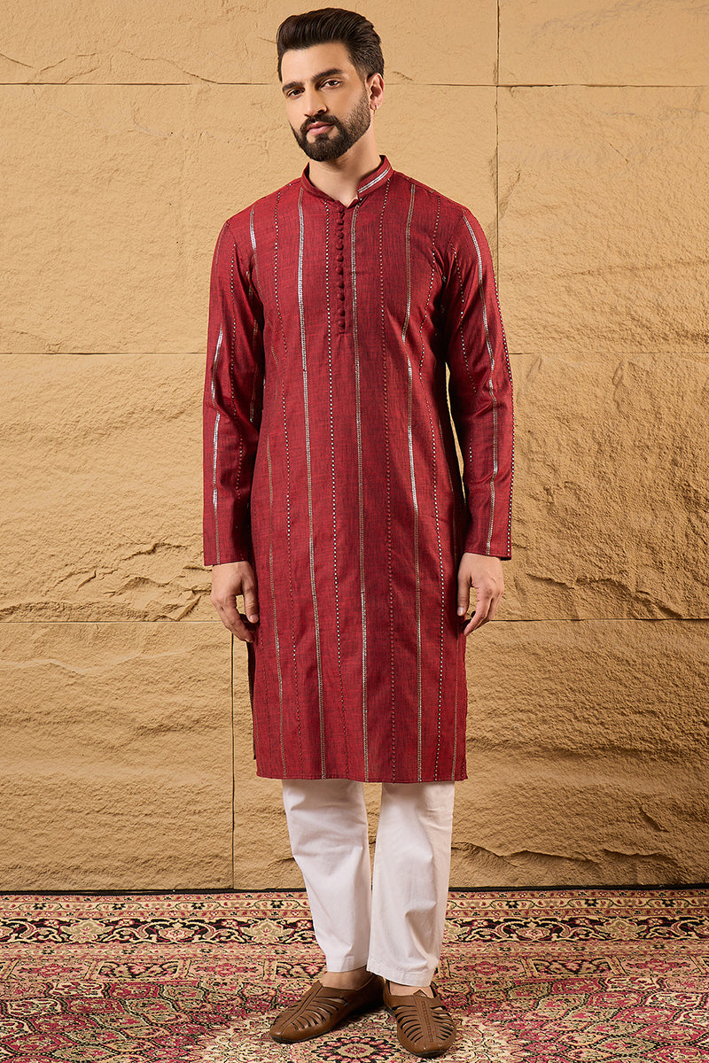 Maroon Cotton Solid Embroidered Sequins Straight Kurta HOPMKU1124