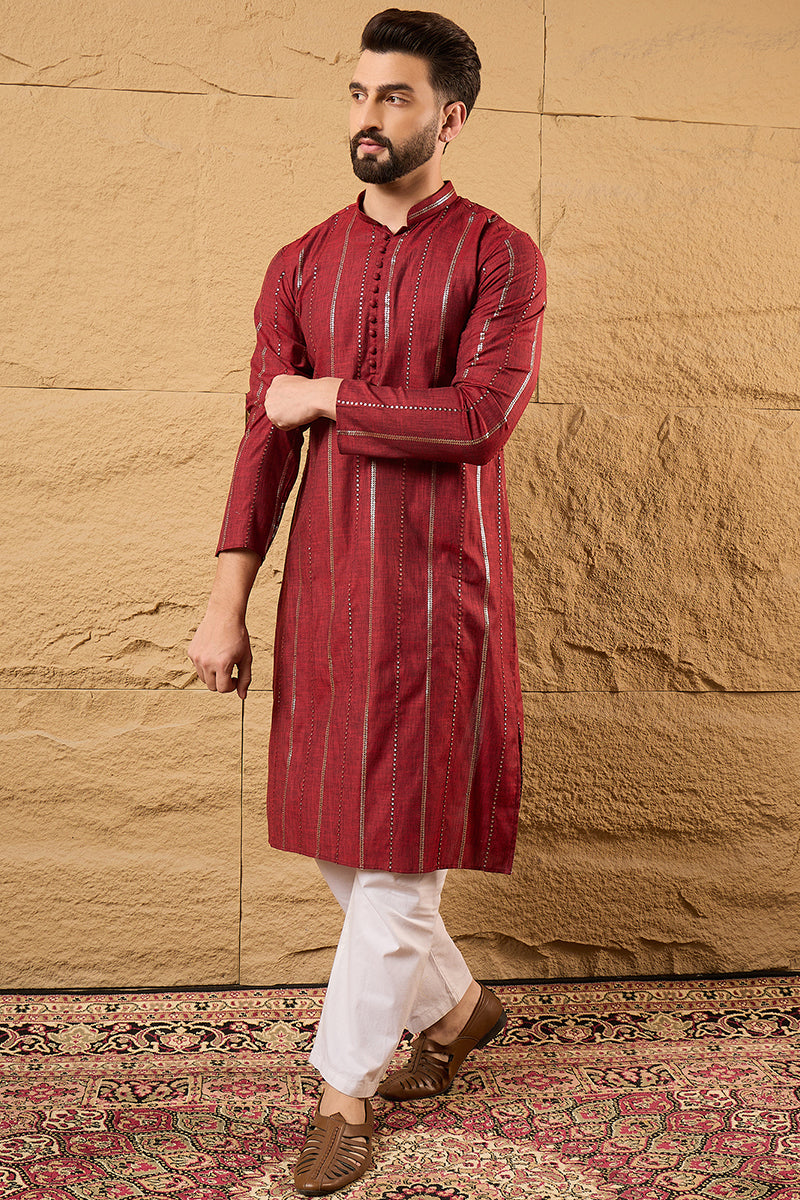 Maroon Cotton Solid Embroidered Sequins Straight Kurta HOPMKU1124