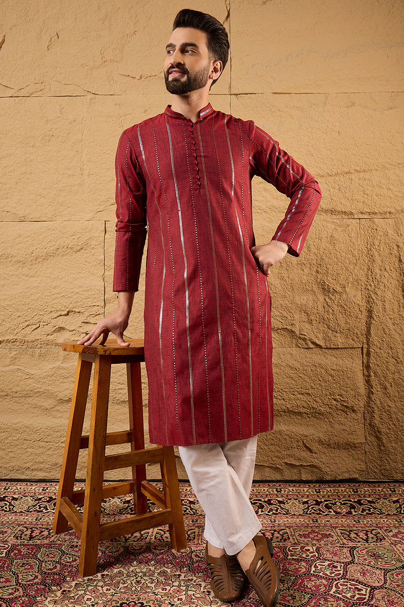 Maroon Cotton Solid Embroidered Sequins Straight Kurta HOPMKU1124