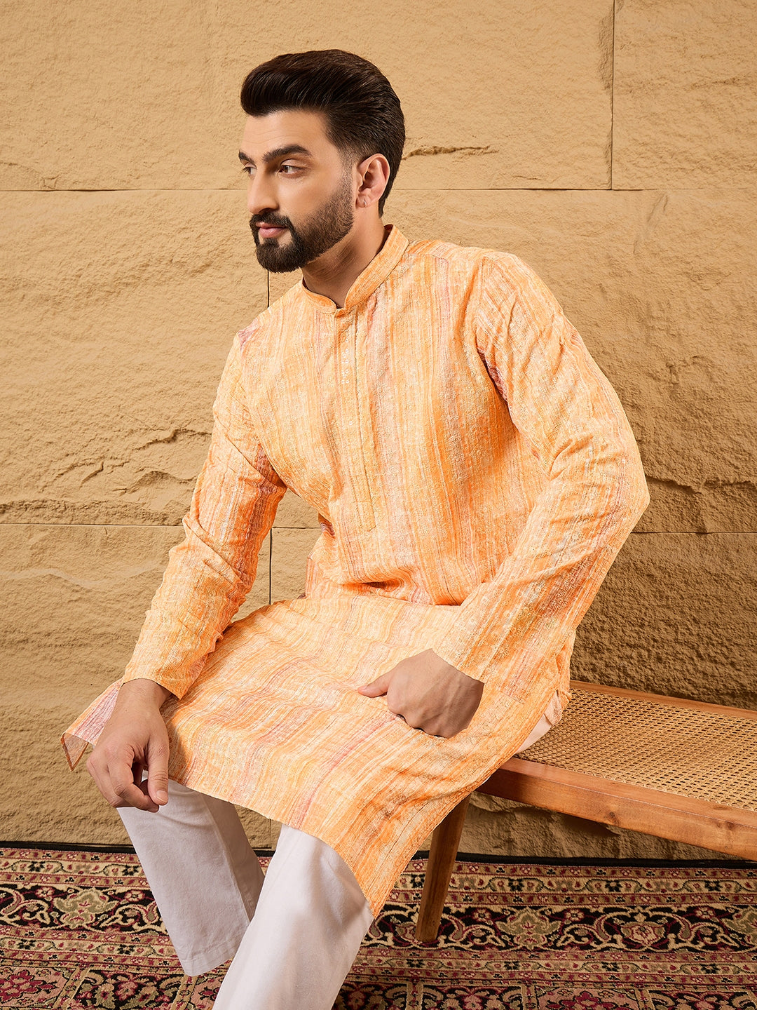 Men Orange Viscose Rayon Abstract Embroidered Straight Kurta-MKU1125