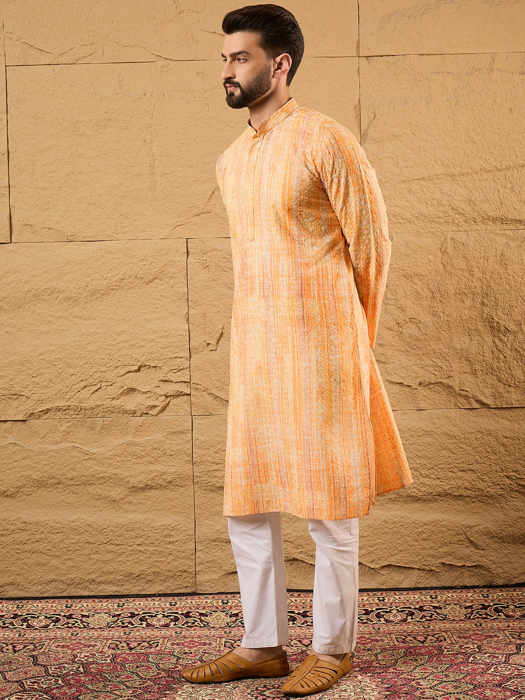 Men Orange Viscose Rayon Abstract Embroidered Straight Kurta-MKU1125