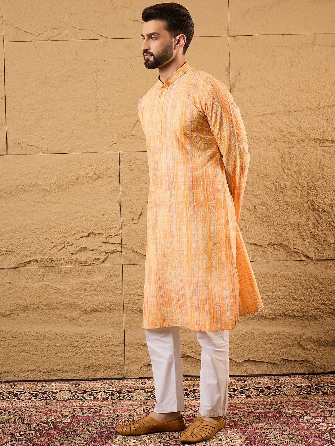 Men Orange Viscose Rayon Abstract Embroidered Straight Kurta-MKU1125