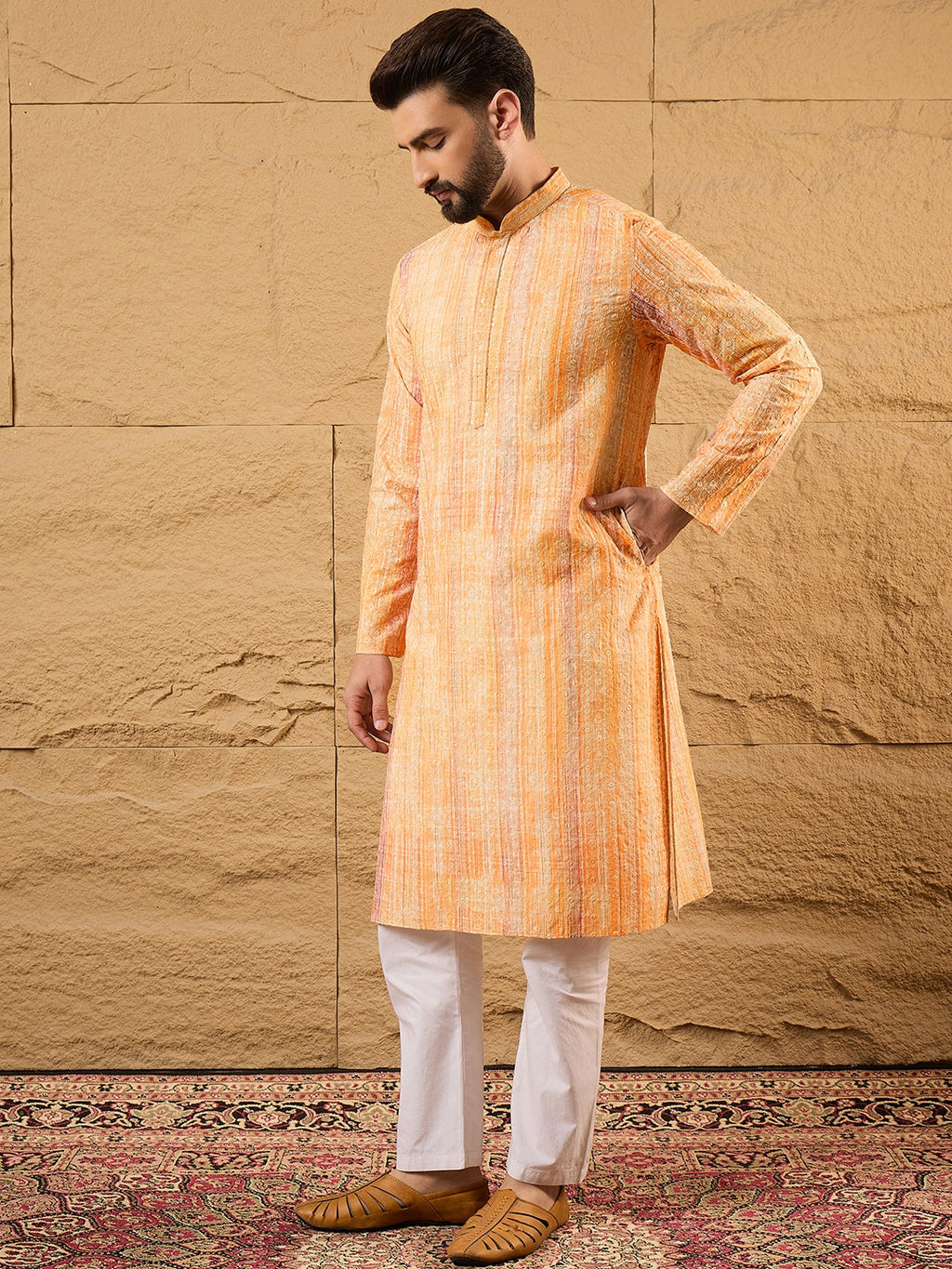 Men Orange Viscose Rayon Abstract Embroidered Straight Kurta-MKU1125