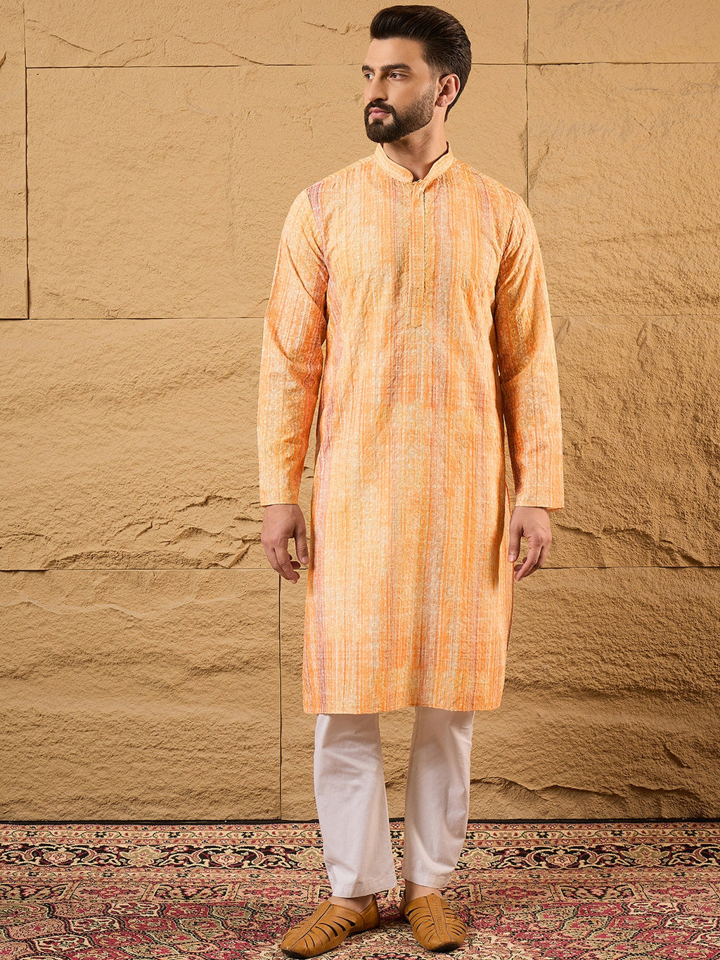 Men Orange Viscose Rayon Abstract Embroidered Straight Kurta-MKU1125